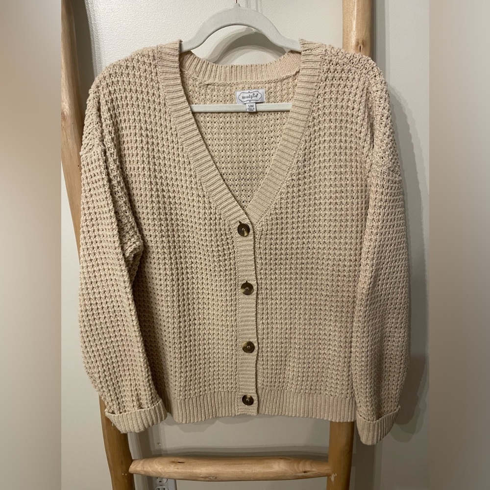 Mudpie Kara Boho Knit Button Front V-Neck Casual Neutral Cardigan Cream S/M - Picture 3 of 7